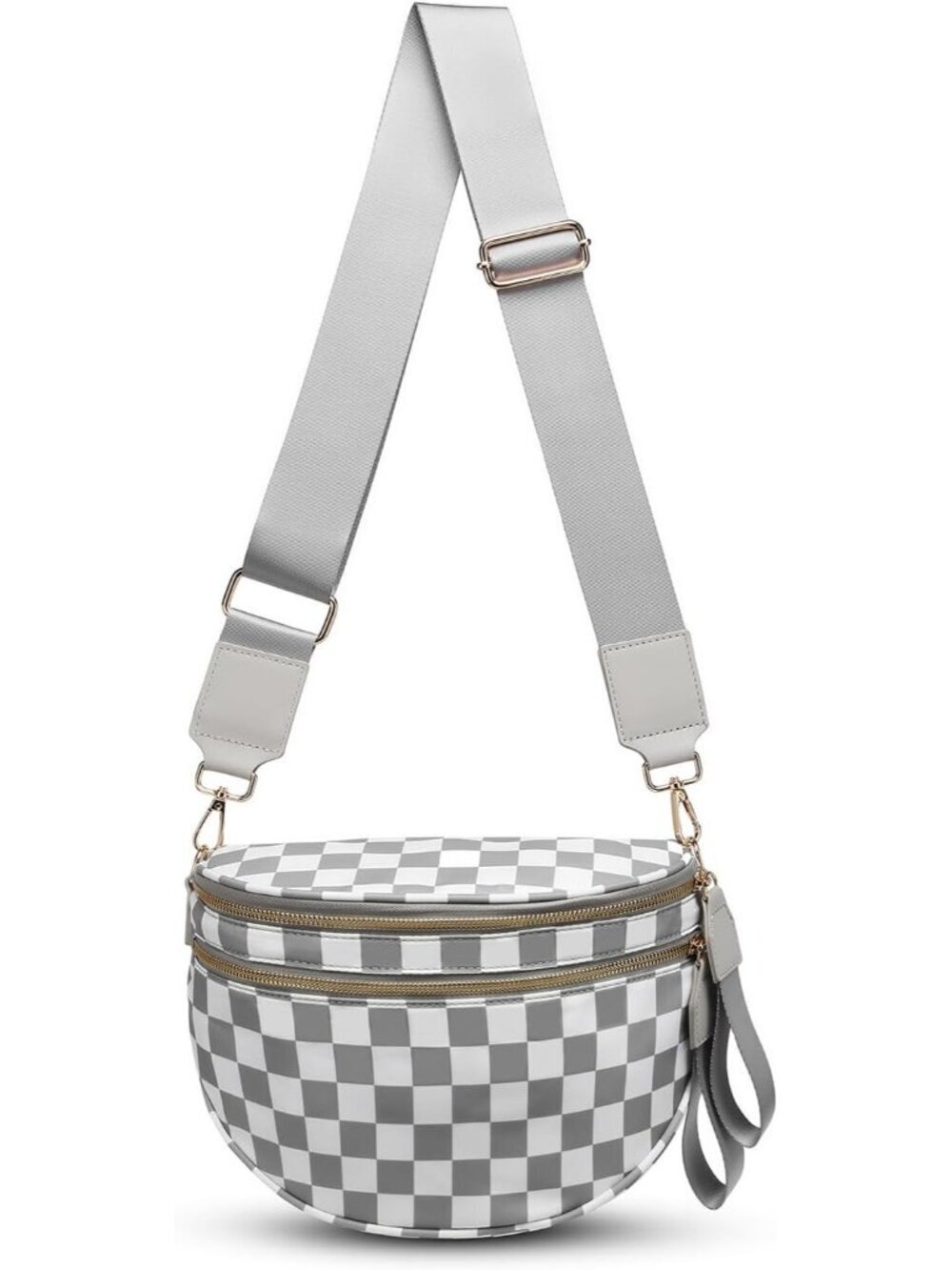 Women's Light Gray Bum Bag Spacious Nylon Fanny Packs Checkered Cross Body Bag
